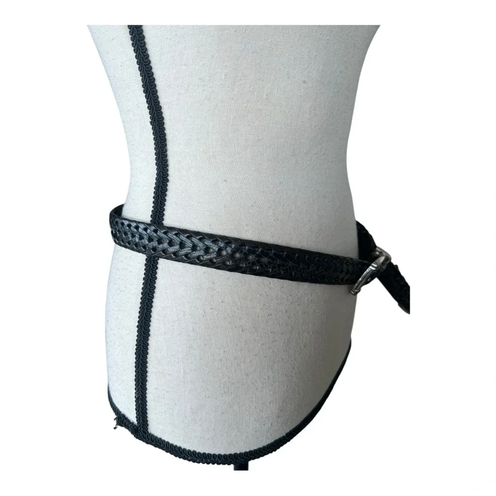 Vintage Braided Leather Black Silver Buckle Woven Western Boho Belt Size M